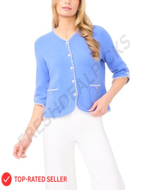 Sweaters - Contrast Scallop Trim Cardigan with Feminine Details